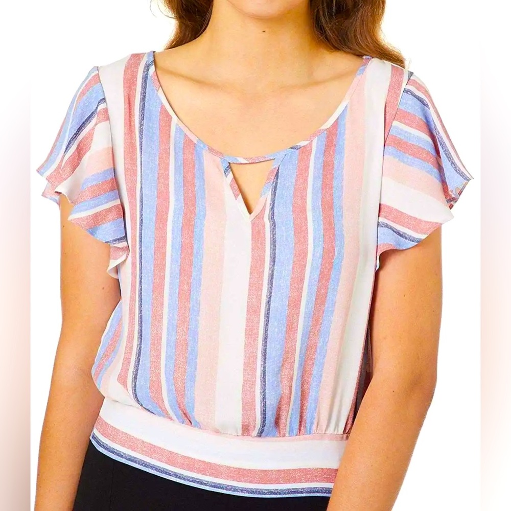 Flutter Sleeve Tie Back Cropped Junior's Top (Multi
Distressed Stripe) - Picture 2 of 13
